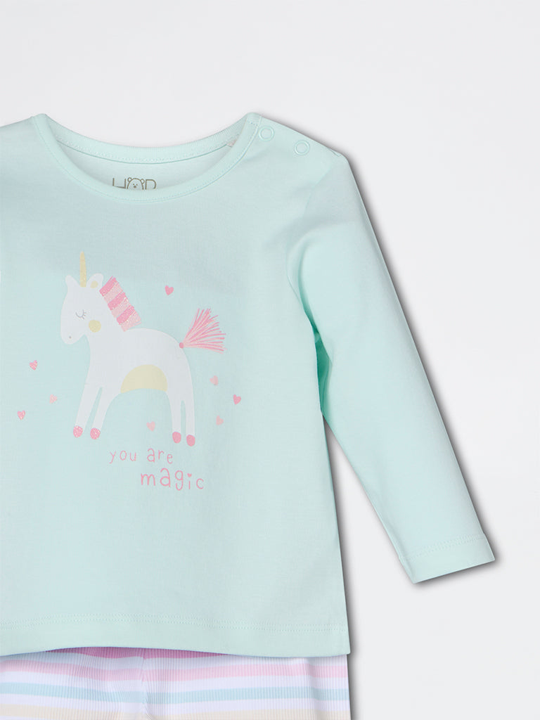 HOP Baby Girls Mint Unicorn Printed Cotton Co-ord Set - Exclusive