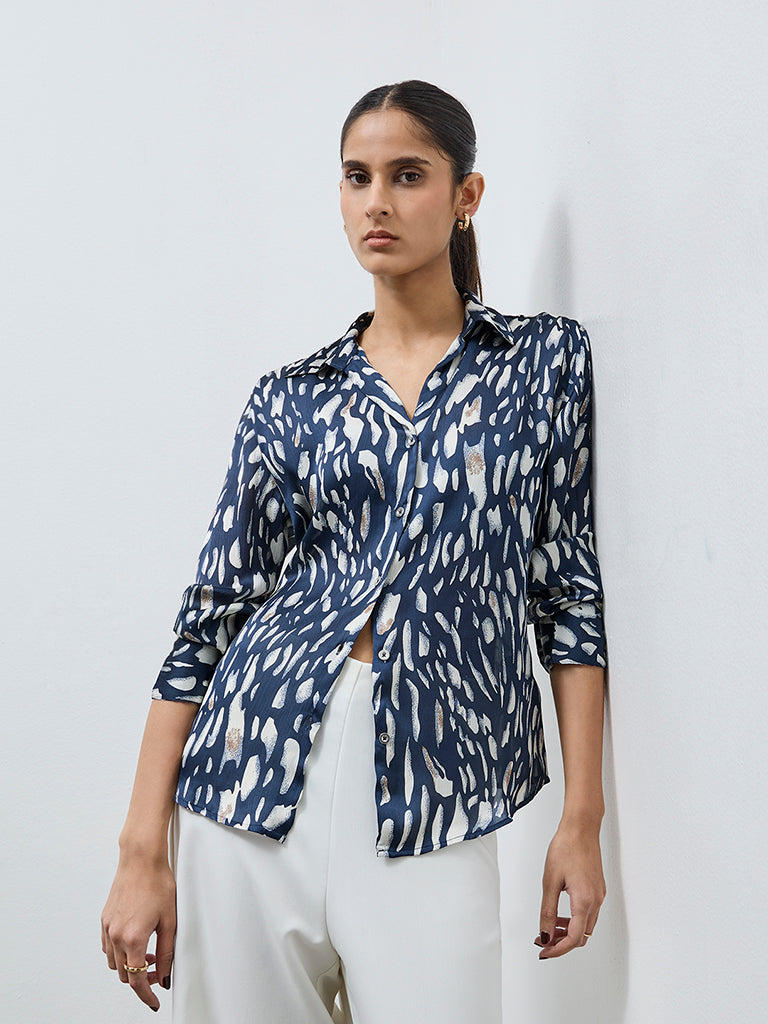 Wardrobe Navy Abstract Printed Shirt