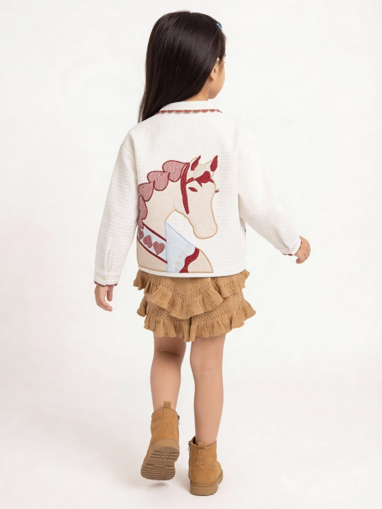 HOP Kids Girls Cream Textured Embroidered Cotton Shirt