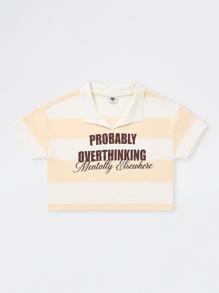 Girls Peach Striped Cotton T-Shirt