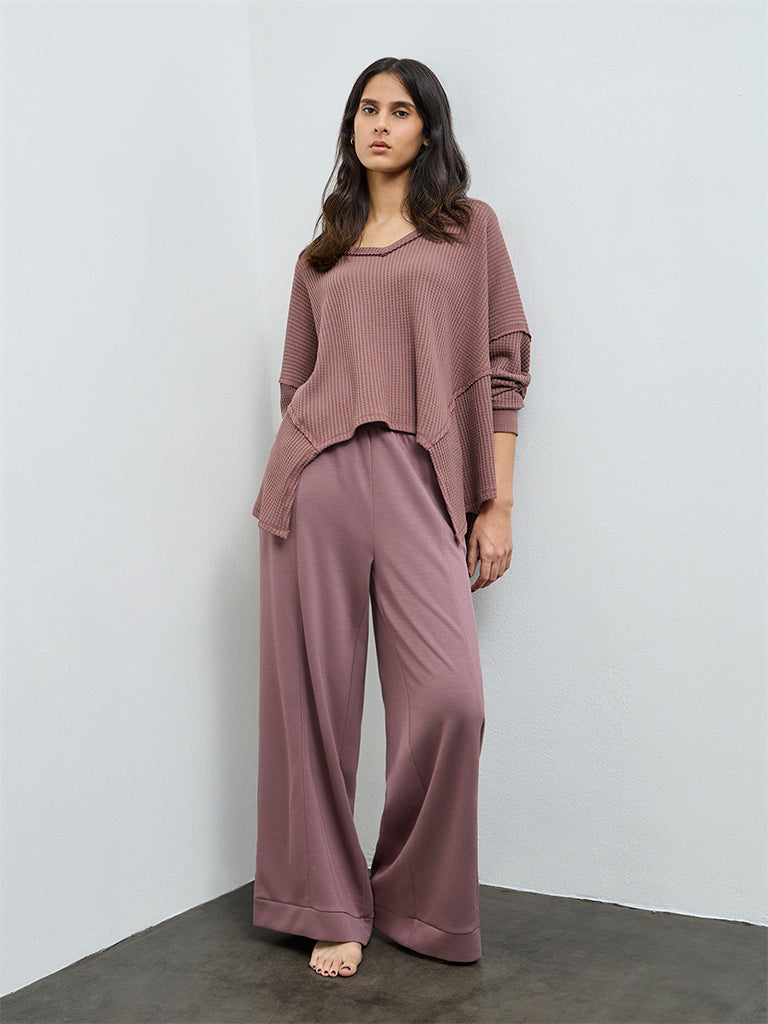 Wunderlove Brown Waffle-Textured Oversized Cotton-Blend Top