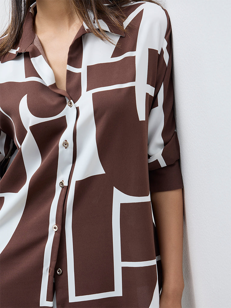 Wardrobe Brown Abstract Printed Shirt