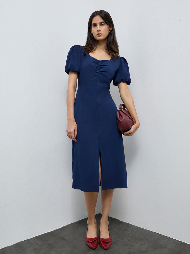 Wardrobe Dark Blue Crinkle-Textured A-Line Dress