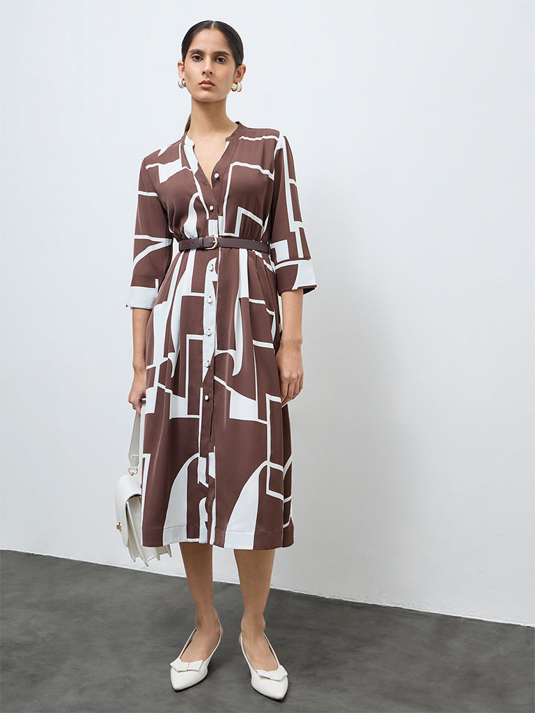Wardrobe Brown Abstract Design Shirt Dress