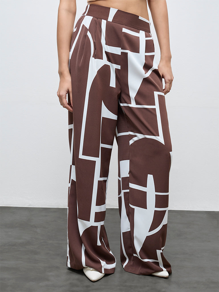 Wardrobe Brown Abstract Design High-Rise Pants