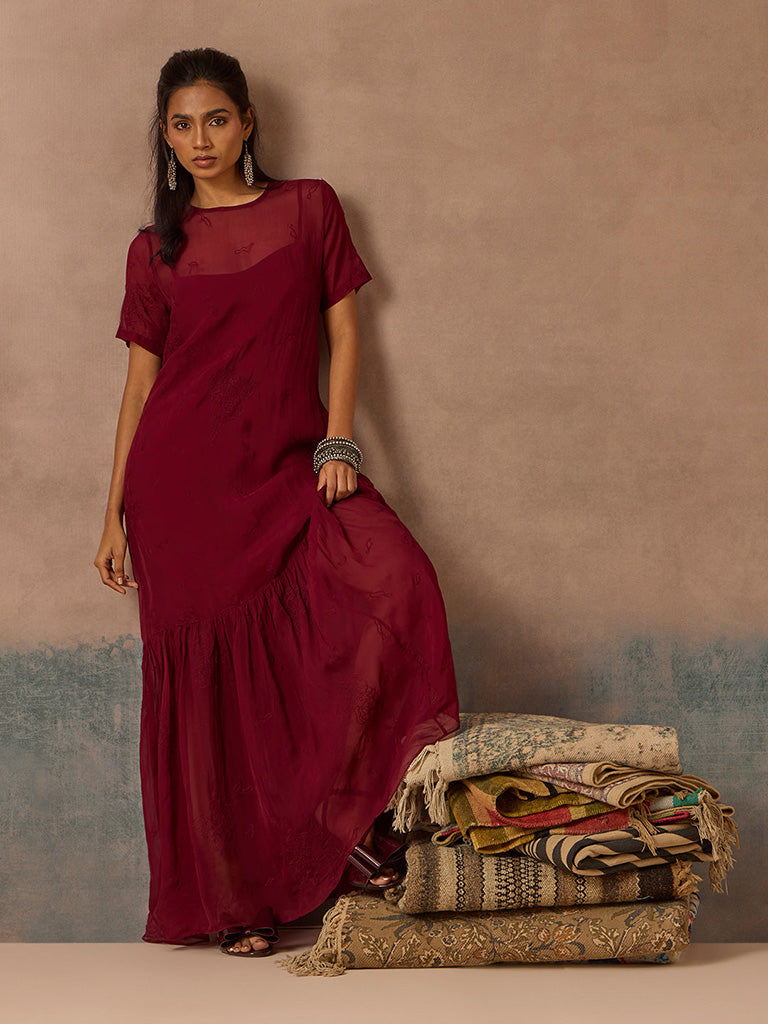 Samoh Sheer Maroon Dress with Slip