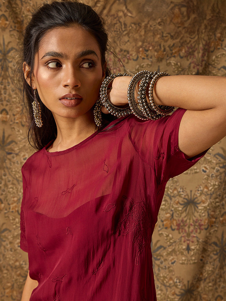 Samoh Sheer Maroon Dress with Slip