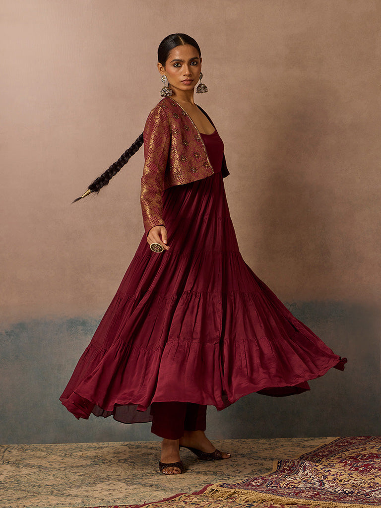 Samoh Maroon Kurta, Jacket and Pants Set