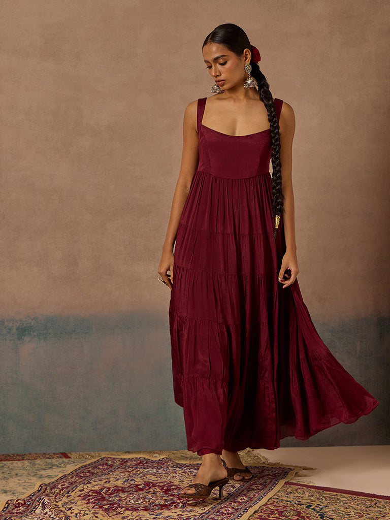 Samoh Maroon Kurta, Jacket and Pants Set
