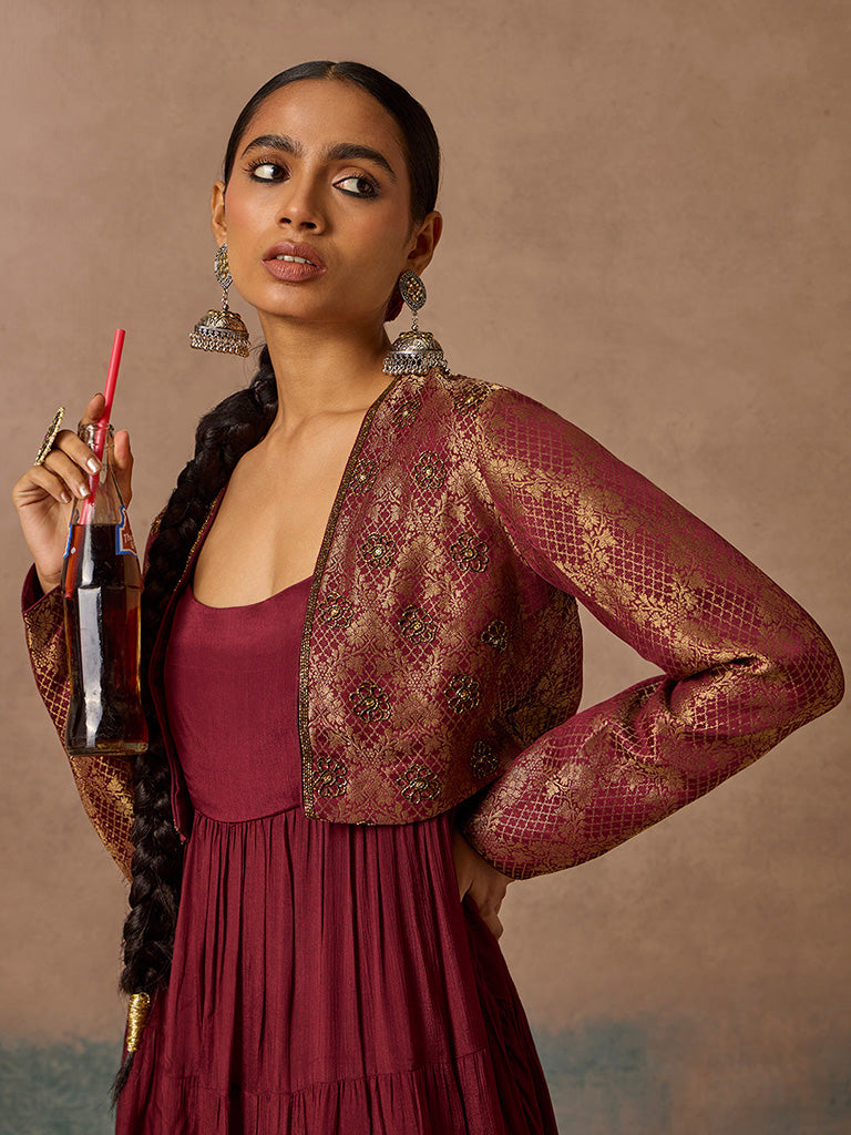 Samoh Maroon Kurta, Jacket and Pants Set