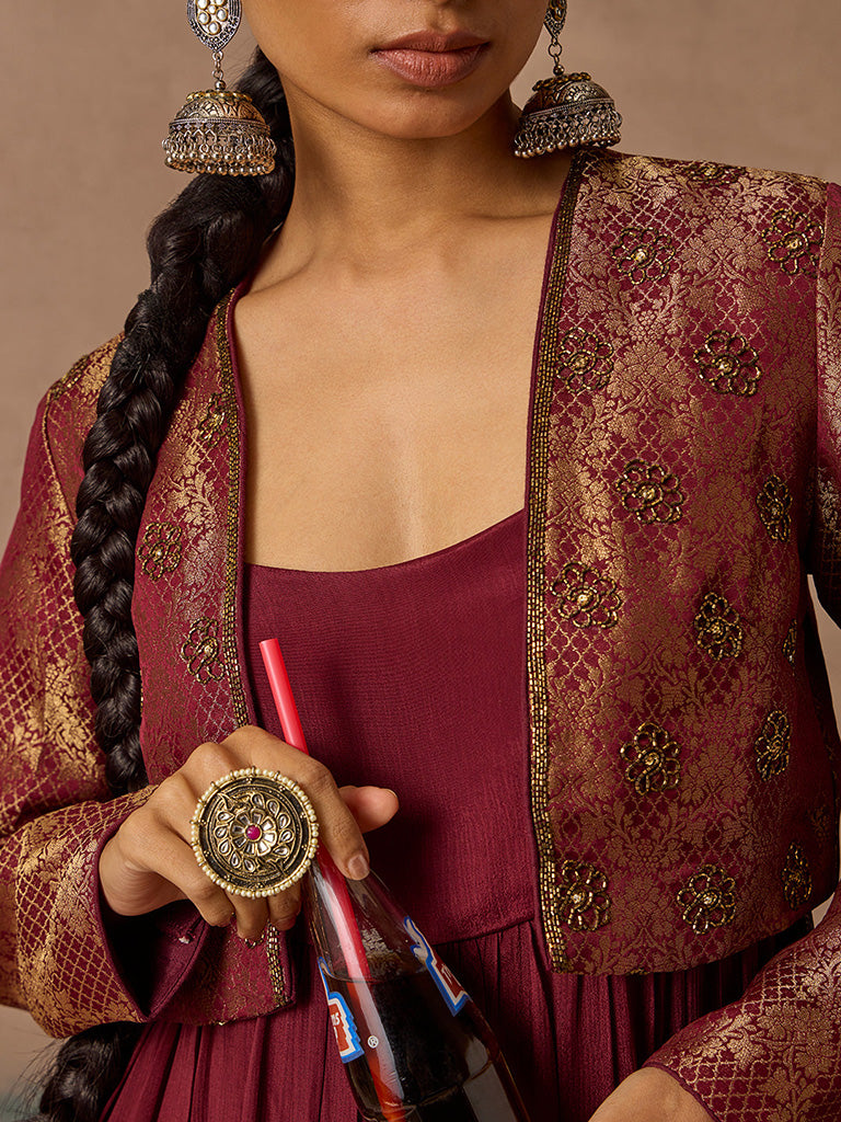 Samoh Maroon Kurta, Jacket and Pants Set