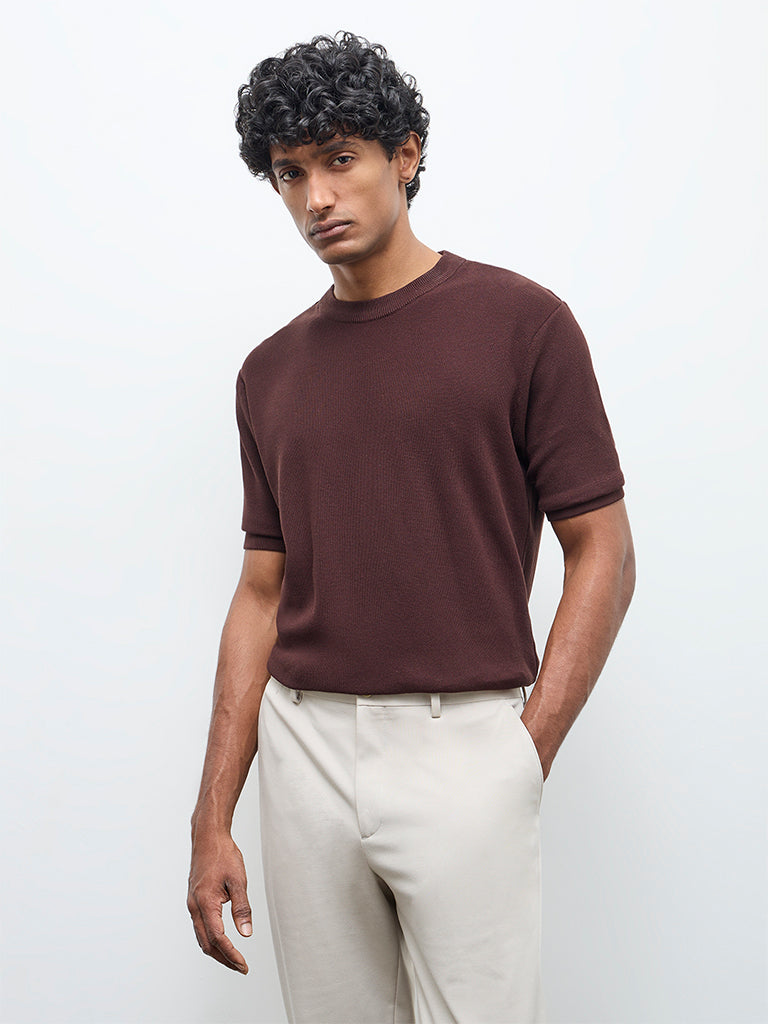 WES Formals Dark Brown Knitted Slim-Fit T-Shirt