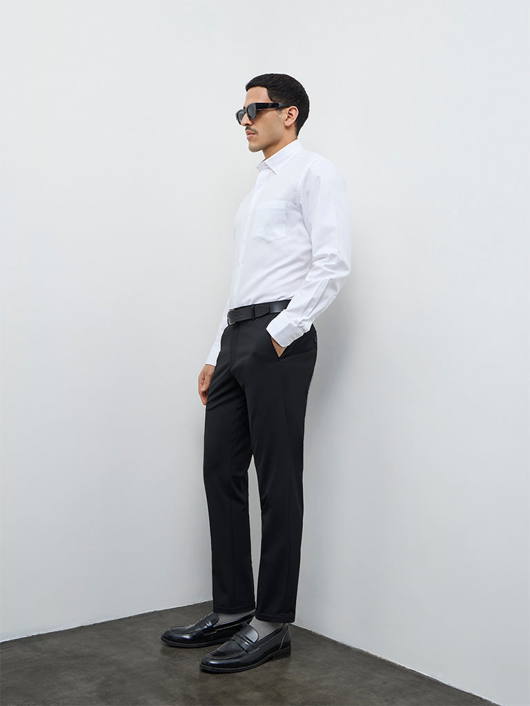 WES Formals White Solid Slim-Fit Cotton Shirt