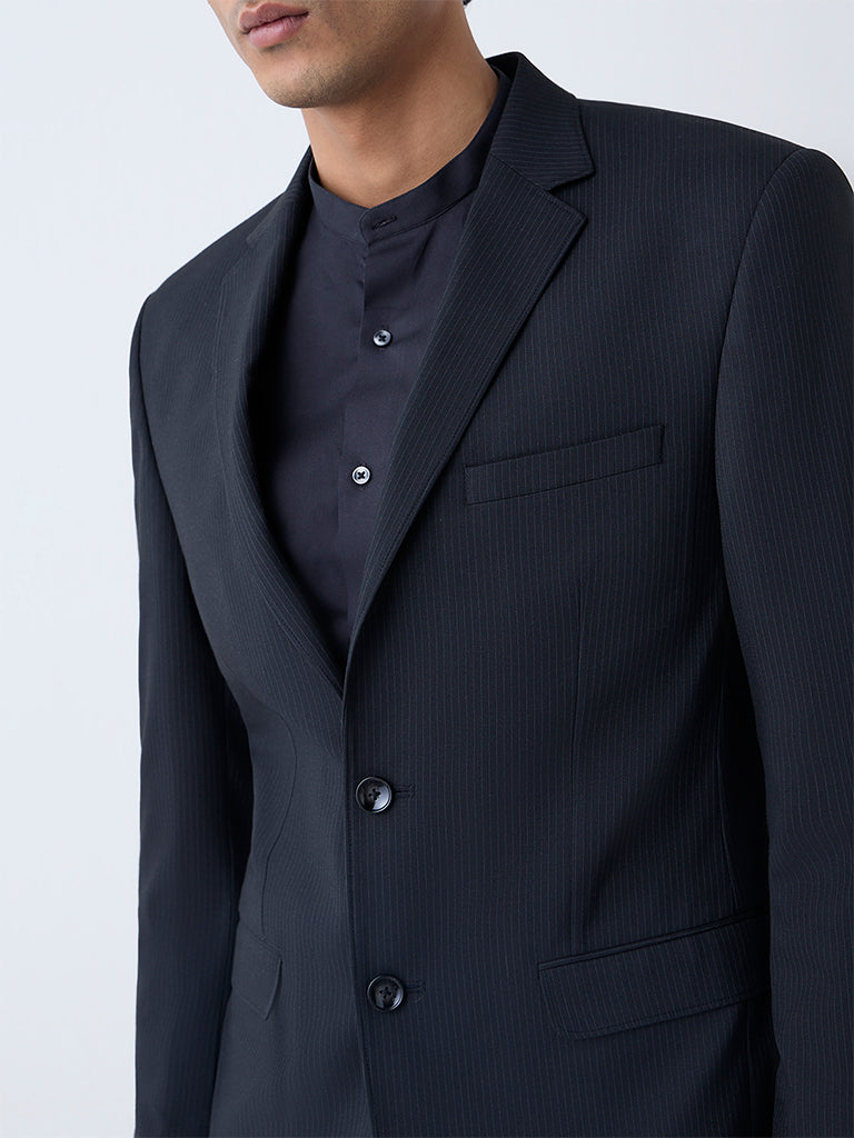 WES Formals Black Striped Slim-Fit Blazer