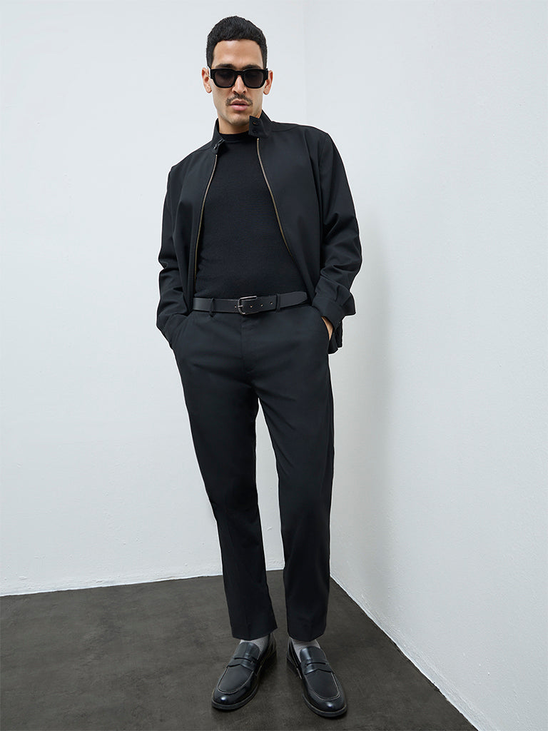 WES Formals Black Solid Slim-Fit Mid-Rise Trousers