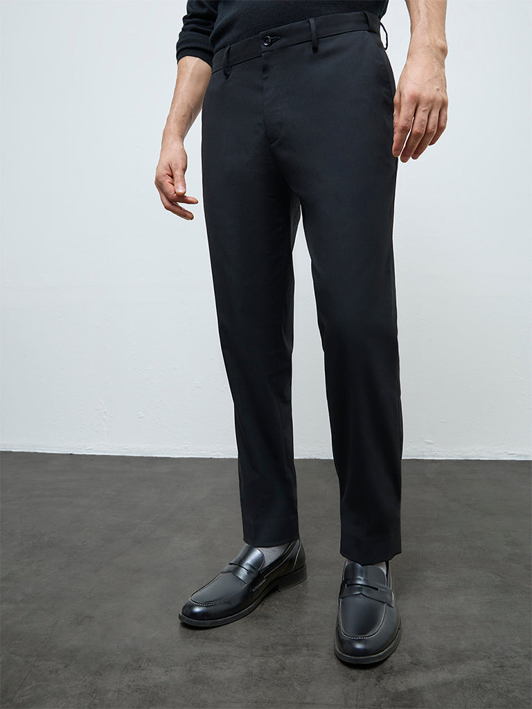 WES Formals Black Solid Slim-Fit Mid-Rise Trousers