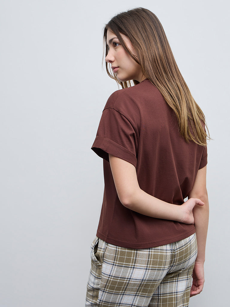 Wunderlove Dark Brown Solid Cotton T-Shirt