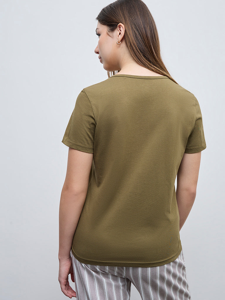Wunderlove Olive Text Design Cotton T-Shirt