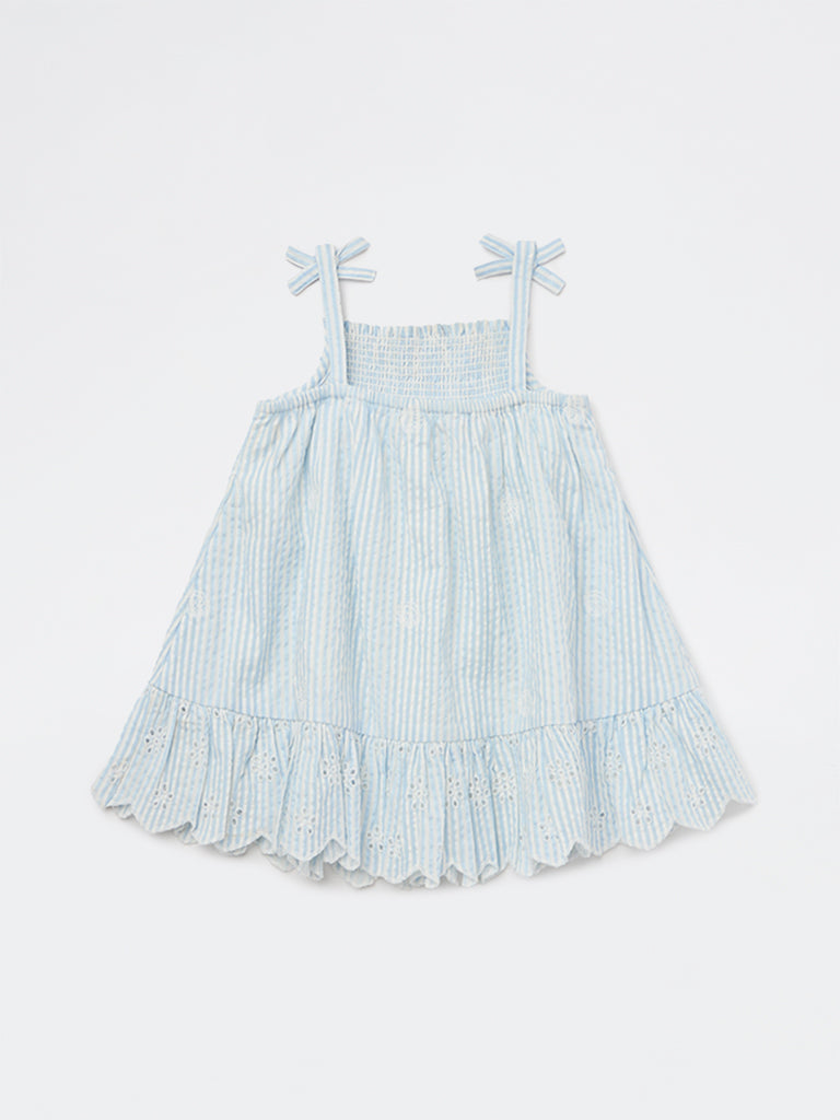 HOP Baby Girls Blue Seersucker Striped A-Line Cotton Dress