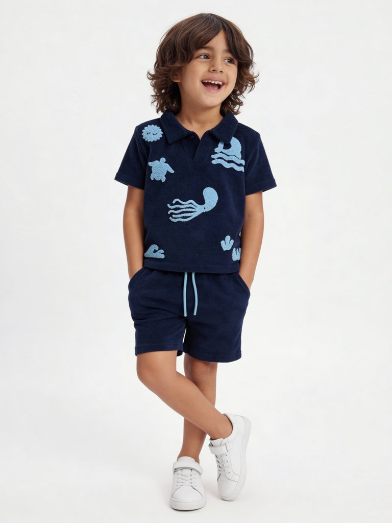 HOP Kids Boys Navy Sea-Life Embroidered Cotton T-Shirt and Shorts Set