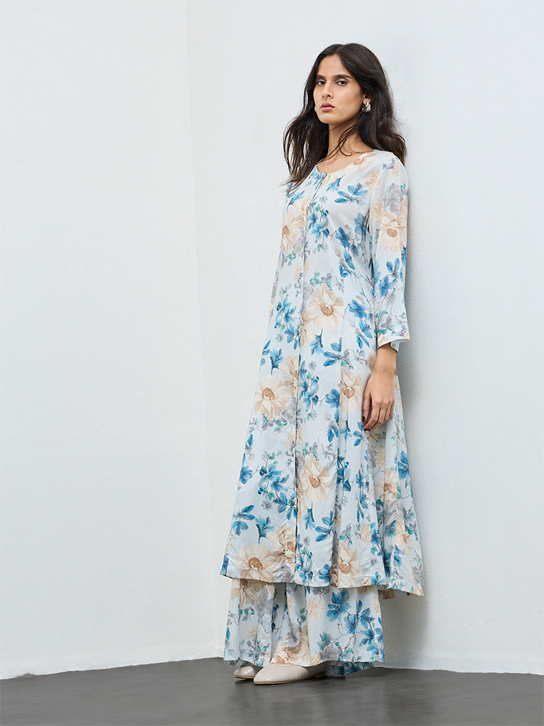 Zuba Blue Floral Printed A-Line Kurta