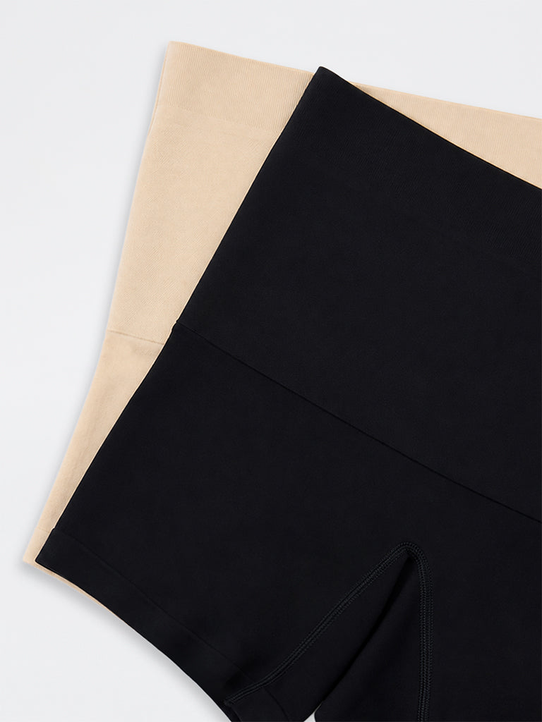 Wunderlove Black Waffle-Textured High-Rise Shapewear Cycling Shorts - Pack of 2