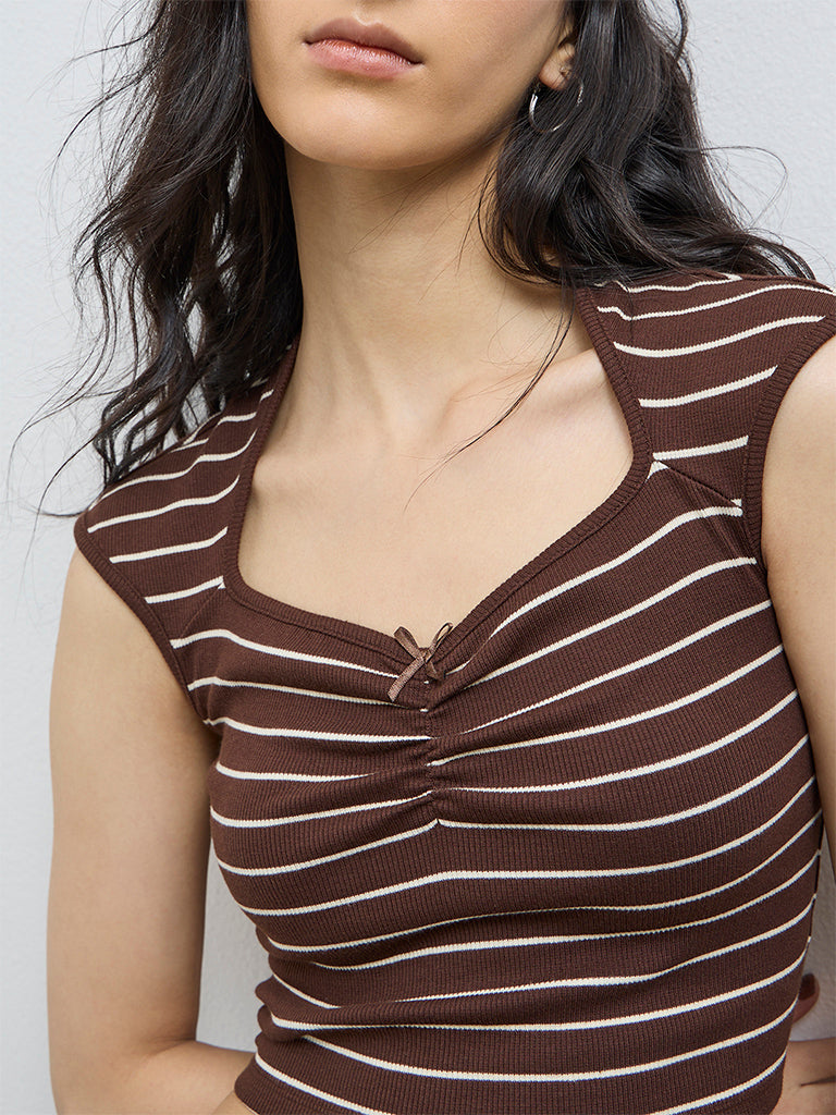 Nuon Dark Brown Striped Ribbed Cotton-Blend Top