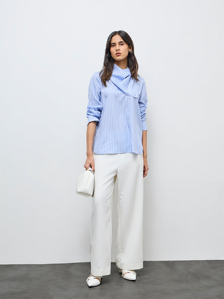Wardrobe Light Blue Striped Blouse with Scarf