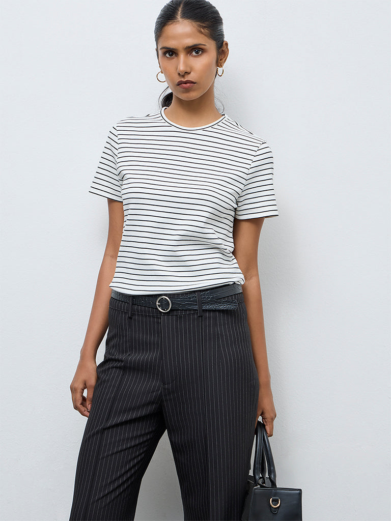 Wardrobe White Striped Cotton-Blend T-Shirt