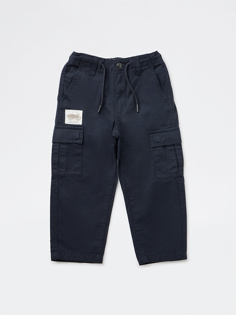 HOP Kids Boys Navy Solid Relaxed-Fit Cotton Cargo Pants