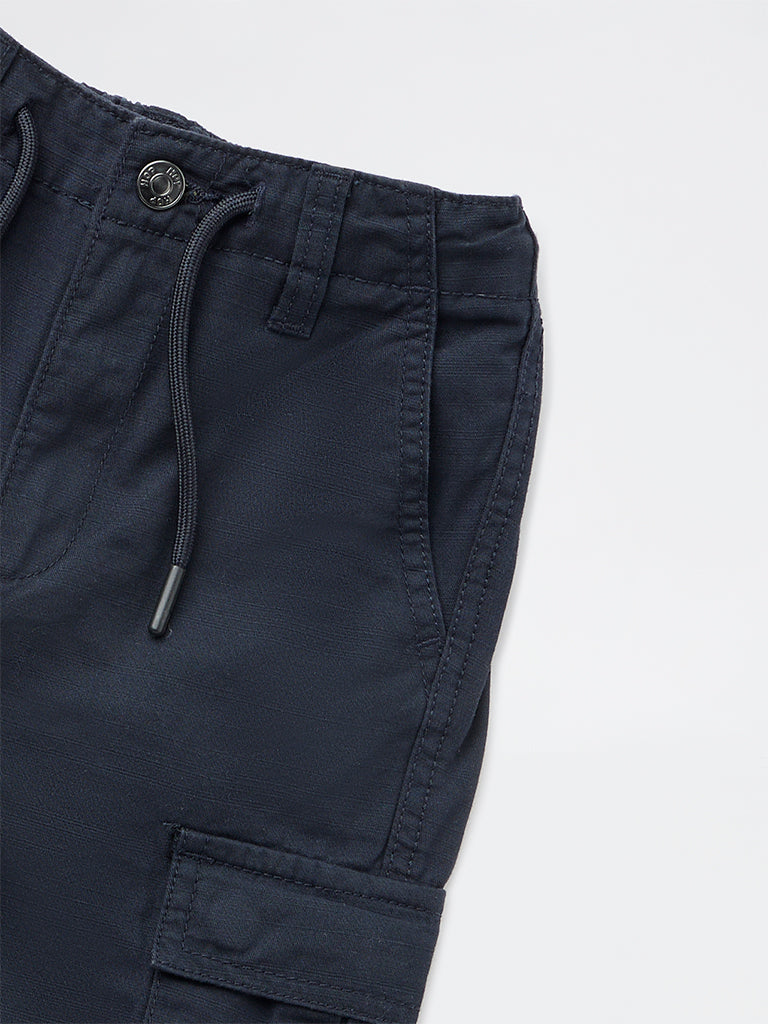 HOP Kids Boys Navy Solid Relaxed-Fit Cotton Cargo Pants