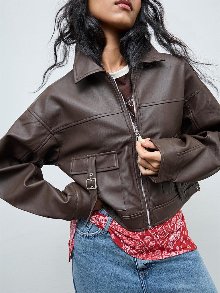 Nuon Dark Brown Faux-Leather Jacket