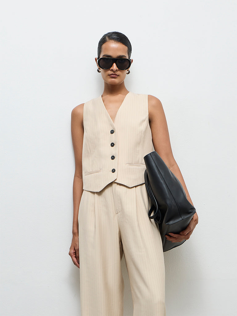 Wardrobe Light Beige Striped Waistcoat