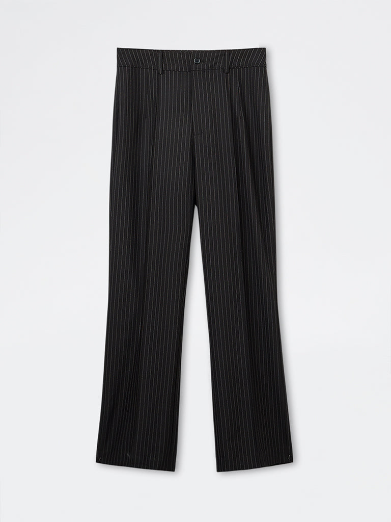 Wardrobe Black Pinstriped High-Rise Trousers