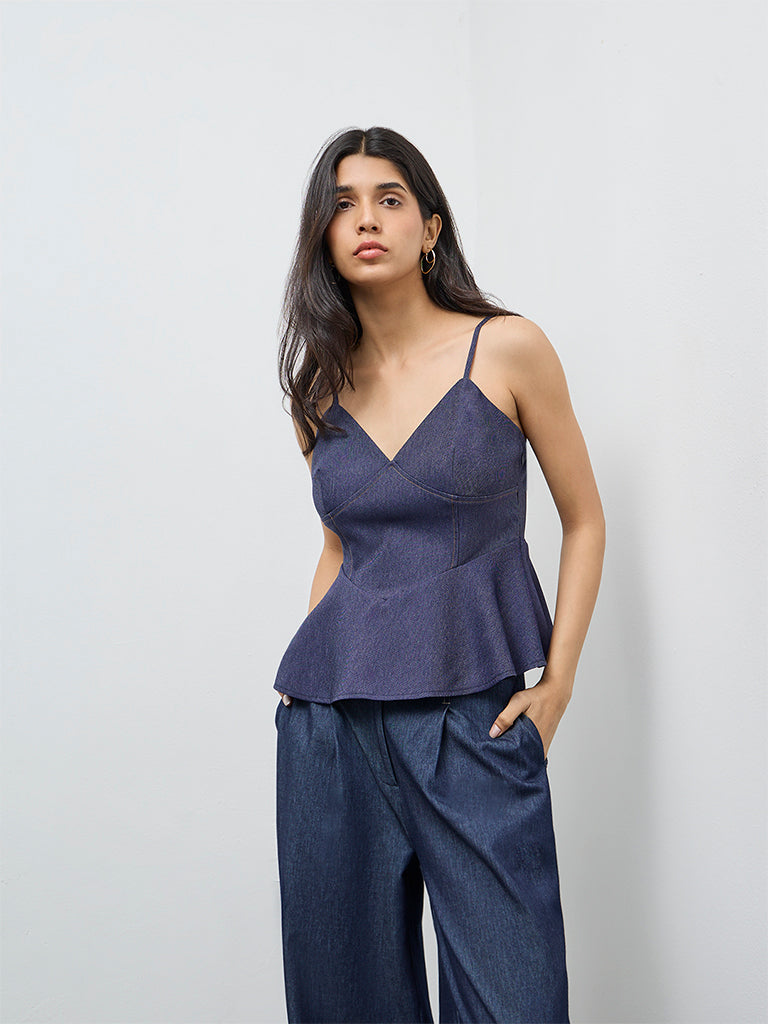 LOV Dark Blue Denim Peplum Top