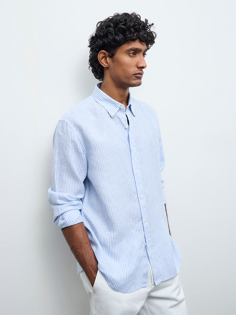 Ascot Light Blue Striped Relaxed-Fit Linen Shirt