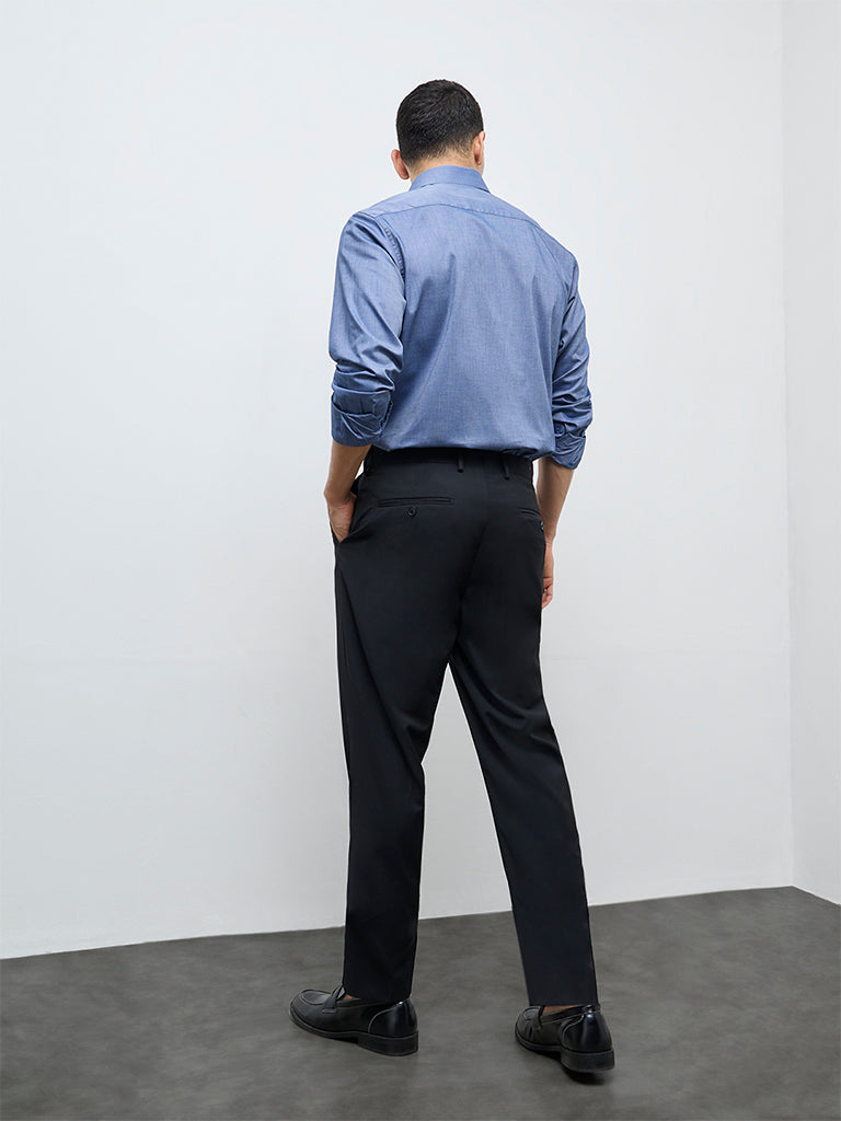 WES Formals Black Solid Mid-Rise Slim-Fit Trousers