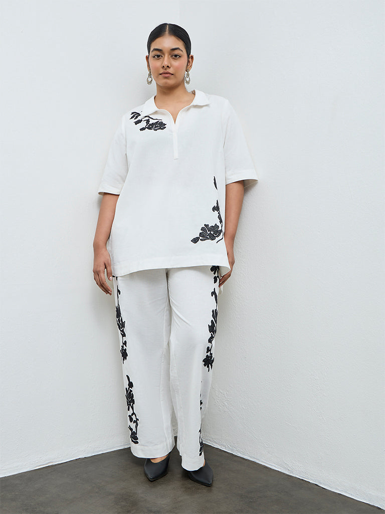 Diza Off-White Floral Embroidered Cotton-Blend Tunic