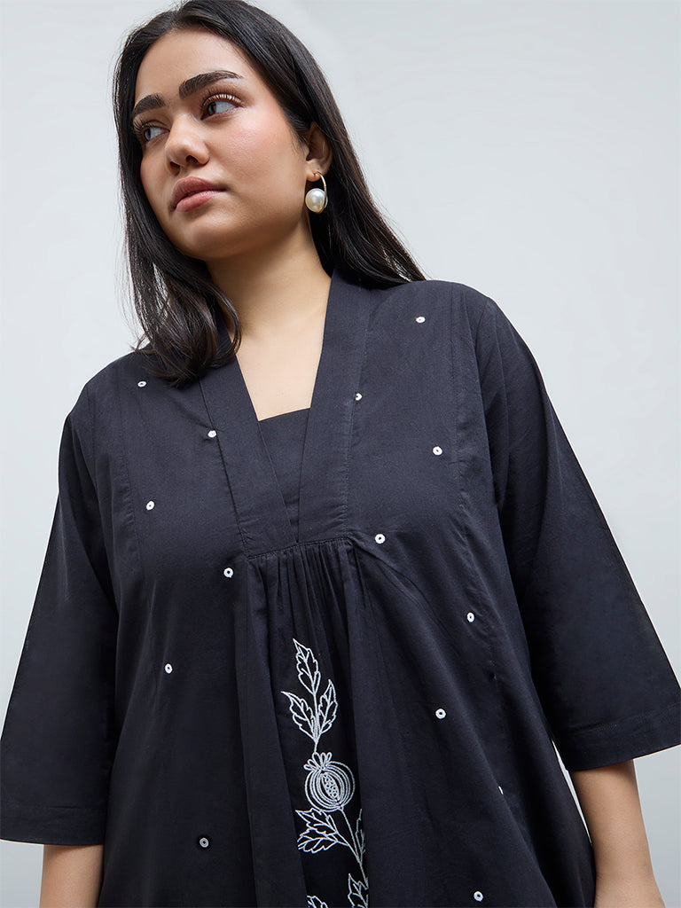 Diza Black Floral Embroidered Cotton A-Line Kurta