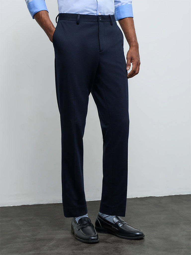 WES Formals Navy Slim-Fit Mid-Rise Trousers