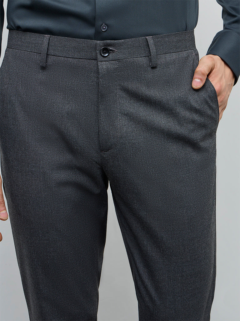 WES Formals Charcoal Slim-Fit Mid-Rise Trousers