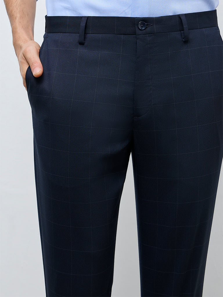 WES Formals Navy Check Mid-Rise Slim-Fit Trousers