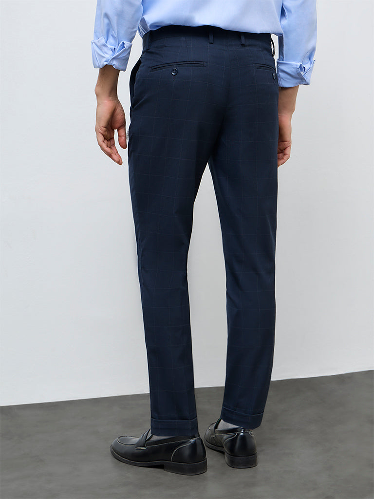 WES Formals Navy Check Mid-Rise Slim-Fit Trousers