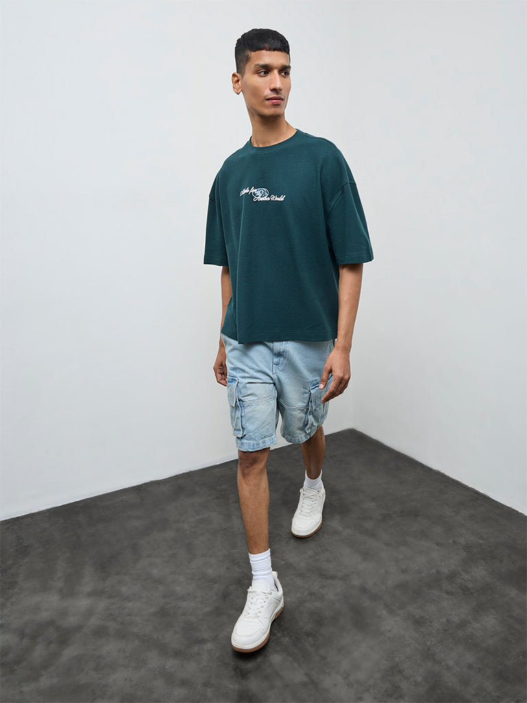 Nuon Teal Text Oversized Fit Cotton T-Shirt