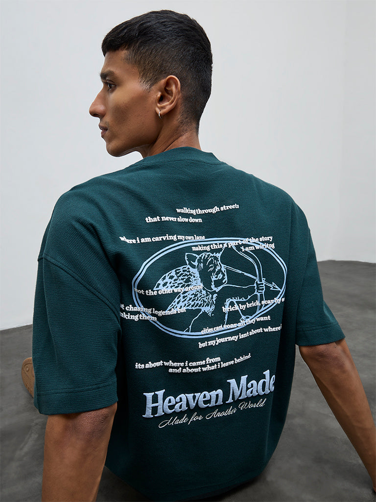 Nuon Teal Text Oversized Fit Cotton T-Shirt
