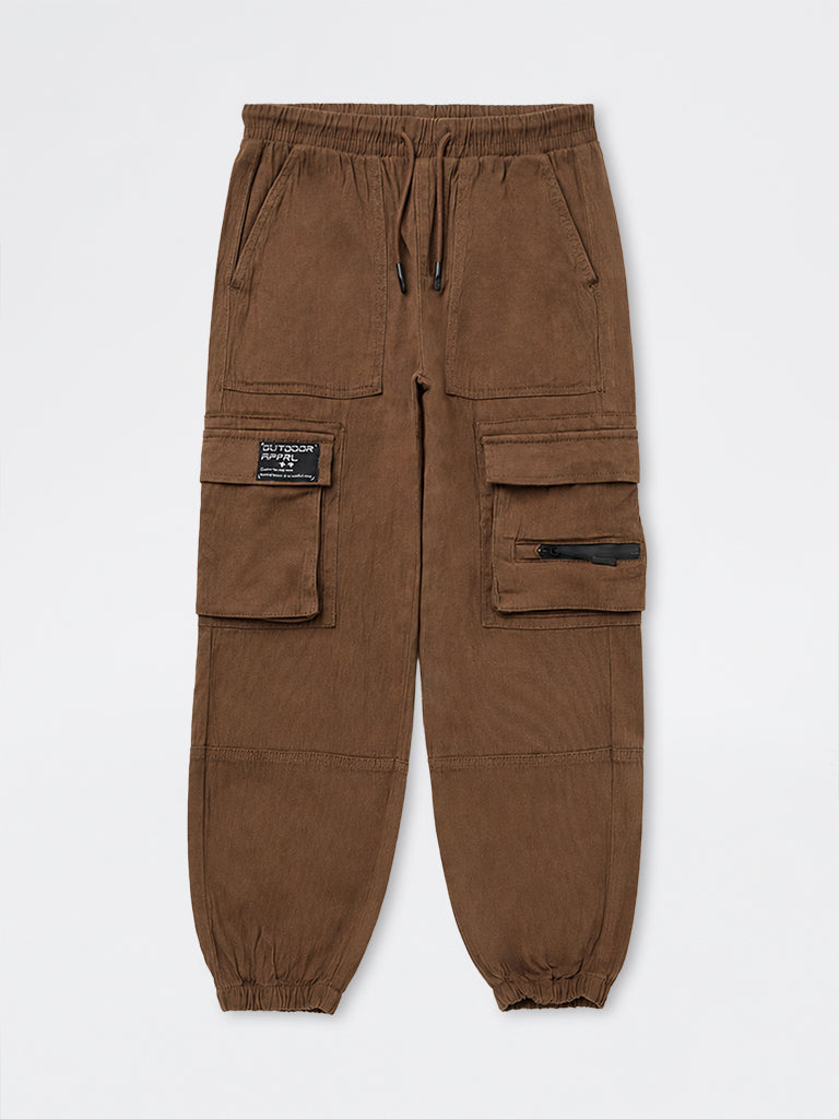 Boys Brown Mid-Rise Cotton-Blend Cargo Joggers