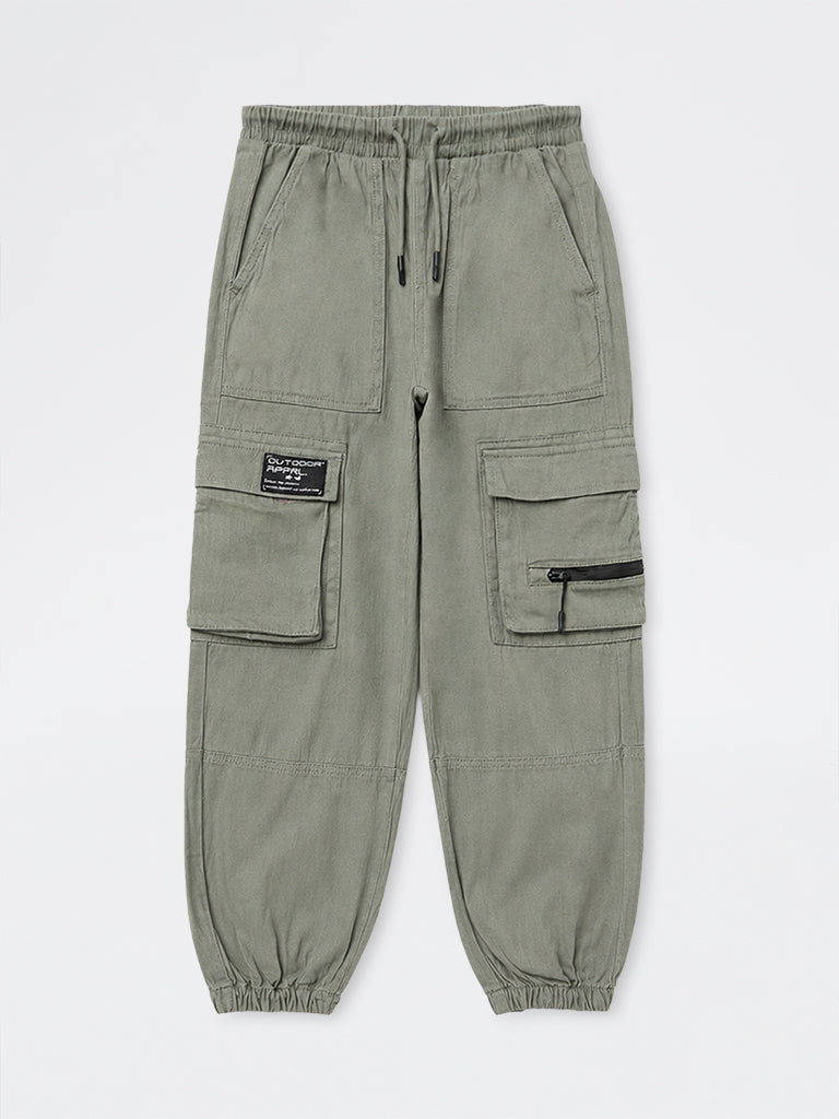 Boys Olive Mid-Rise Cotton-Blend Cargo Joggers