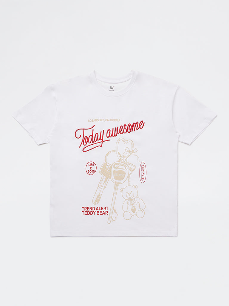Girls White Graphic Design Cotton T-Shirt