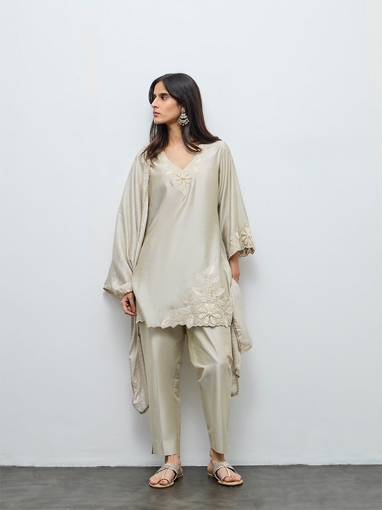 Vark Taupe Floral Embroidered Straight Ethnic Set