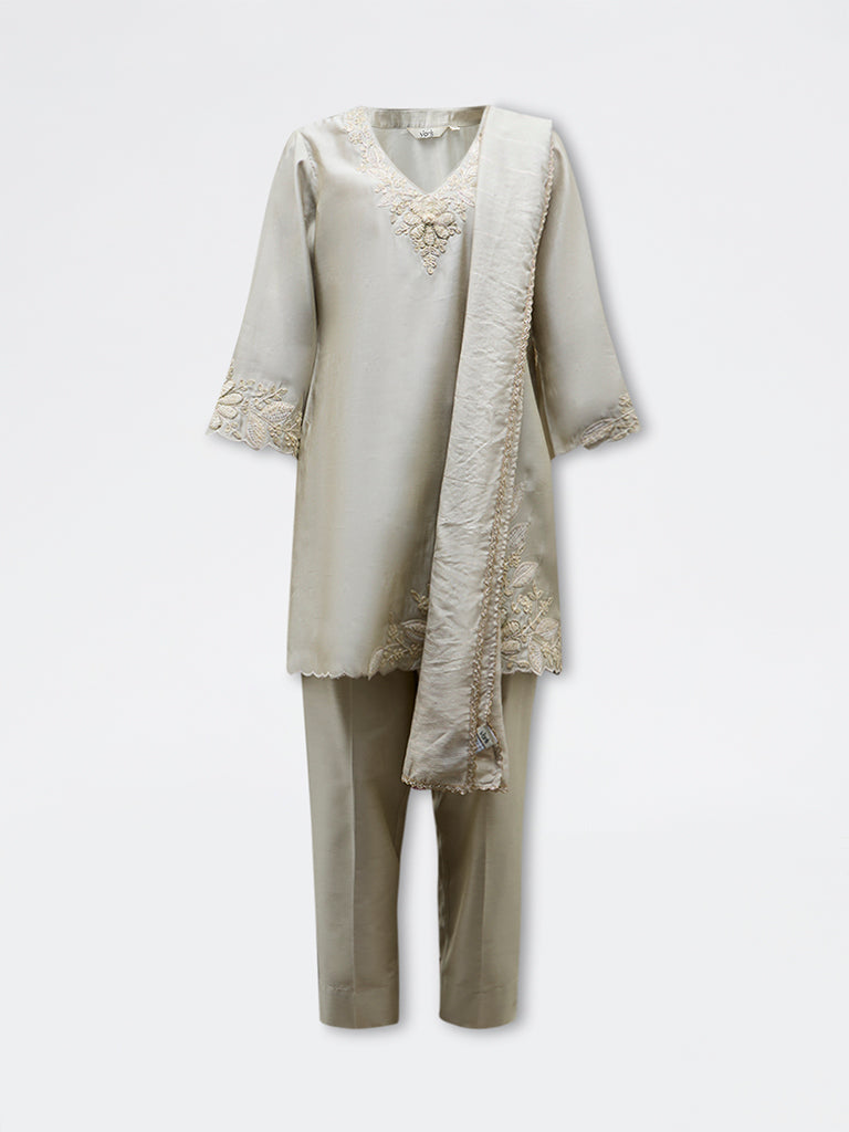 Vark Taupe Floral Embroidered Straight Ethnic Set
